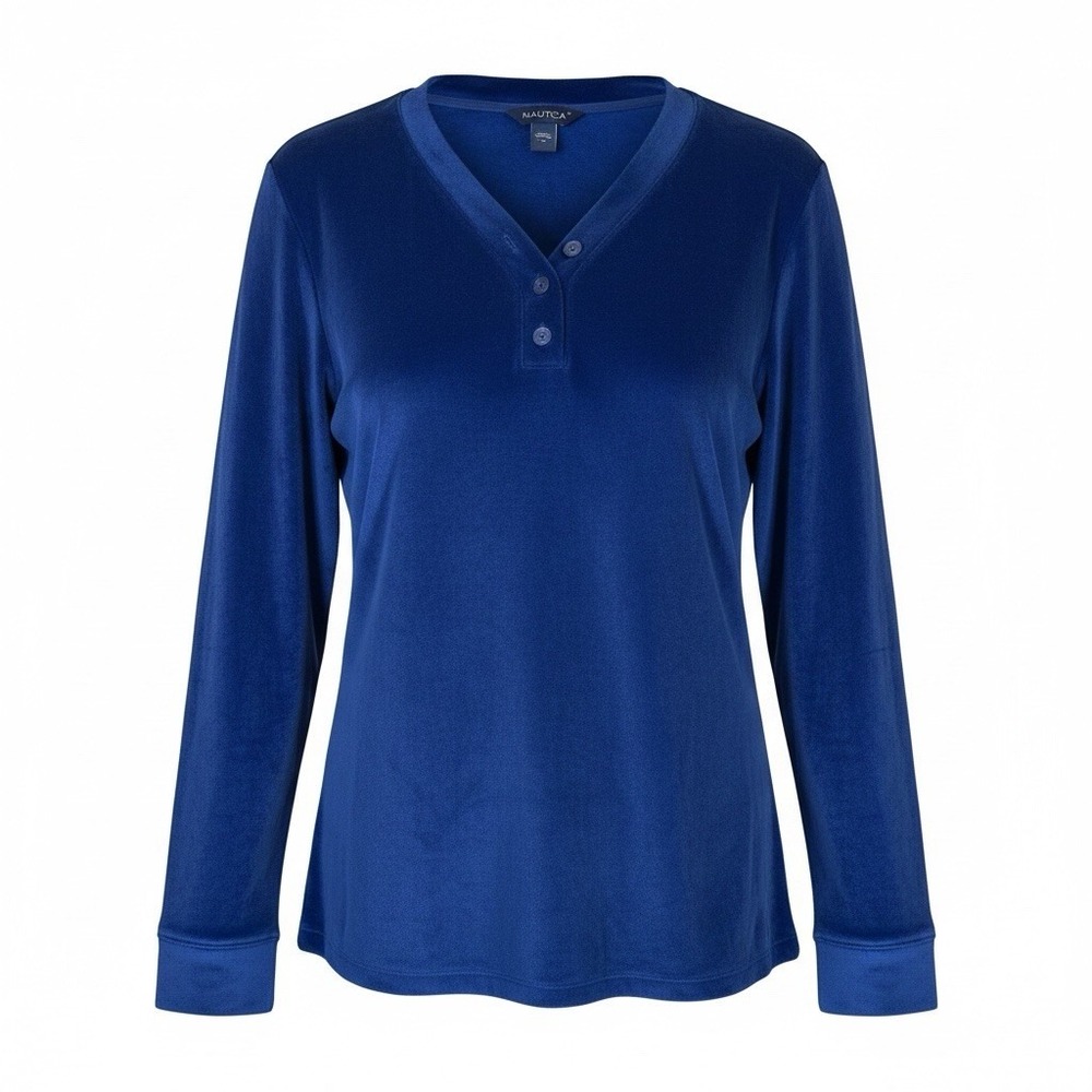 Nautica Women Velour 1/4 Button Long Sleeve Shirt Royal Blue XL 300808
